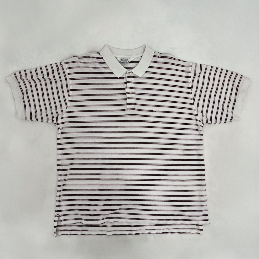Brooks Brothers Mens‎ X-Large Polo Shirt White Red Striped Fleece Short Sleeve